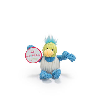 Duck with blue limbs and hair, green head and tail, white body, and yellow bill tiny plush corduroy dog toy with knotted limbs designed for toy-sized dogs.