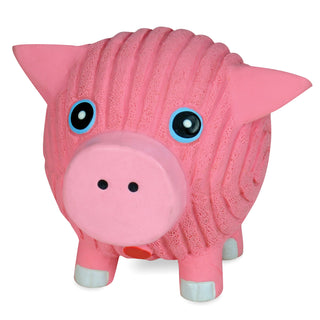 Squeaky ball shaped dog toy: has blue eyes, white pupils, light-pink nose, and white feet.
