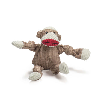 brown sock monkey durable plush corduroy dog toys with knotted limbs, red lips and white hands, feet, snout, and top of head. Size small.