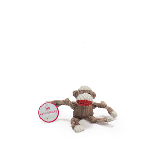 Brown and white sock monkey tiny corduroy plush dog toy with knotted limbs designed for toy-sized dogs.
