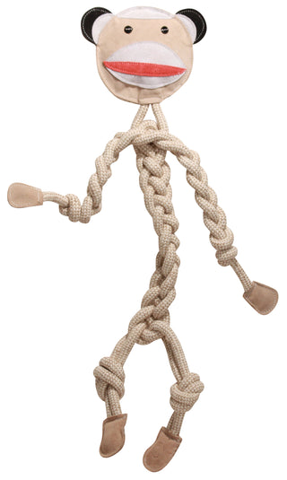 All-natural knotted rope bunny dog toy with light-tan face, black and white ears, white top of head, black eyes, red mouth, tan hands and feet.