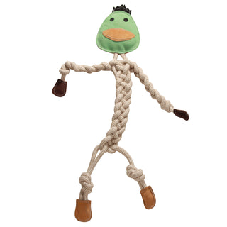 All-natural knotted rope duck dog toy with green head, black hair and eyes, orange beak, dark brown hands, brown feet.