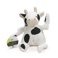 Dottie Cow Knottie- Large. White body, black spots, fuzzy black tail, two off-white antlers. Thumbnail