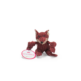 Maroon fox with tan face and ears tiny plush corduroy dog toy with knotted limbs designed for toy-sized dogs.