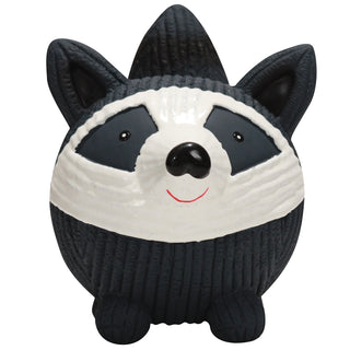 Squeaky ball shaped raccoon dog toy: has black and white fur, black tail, white face, black outer-eyes, black nose, and red smile.