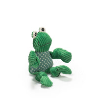 Fergie Frog Knottie- small. Green corduroy fur with blue polka dot body. Googly eyes protruding from head. Thumbnail