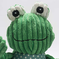 Close-up of face. Green corduroy face with a smile and googly eyes protruding from head. Thumbnail