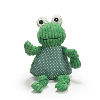 Frog shaped durable plush dog toys: has green skin, dark green and white polk dotted stomach, knotted limbs and is squeaky. Size large.