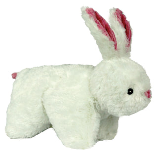 Side view of bunny shaped durable Squooshie™ plush dog toy with fluffy white fur, black embroidered eyes, pink corduroy nose, inner-ear, and tail.
