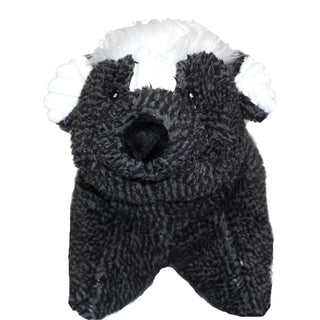 Front view of skunk shaped durable Squooshie™ plush dog toy with fuzzy black and gray body, white corduroy inner-ears and streak on forehead, fluffy white hair on head, and black eyes and nose.