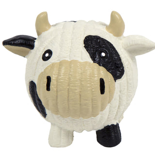 Squeaky ball shaped cow dog toy: has white skin with black spots, beige horns, black eyes, white pupils, and a beige nose.