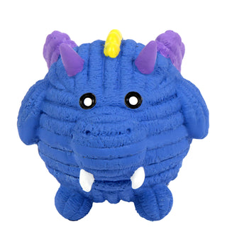 Squeaky ball shaped dragon with blue scales, purple horns, purple wings, yellow spikes, black eyes, white pupils, and white fangs.