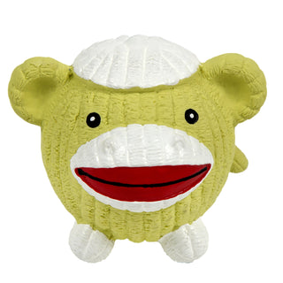 Squeaky ball shaped sock monkey dog toy: has on a white cap, light tan skin, black eyes, white pupils, white outer-mouth, red smiling lips, with white feet.