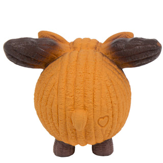 Back of squeaky ball shaped moose dog toy: has orange skin, dark-brown antlers and feet.