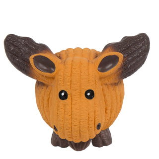 Squeaky ball shaped moose dog toy: has dark-orange skin, dark-brown antlers and inner-ear, with black eyes, white pupils, dark-brown nose, and feet.