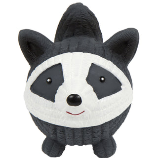 Squeaky ball shaped raccoon dog toy: has black and white fur, white face with black outer-eye, black eyes, white pupils, black nose, and red smiling lips.