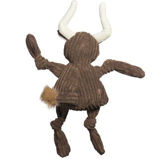Back of Texas Longhorn durable plush corduroy dog toy with knotted limbs, brown body, long white horns, and brown fluffy end of tail.