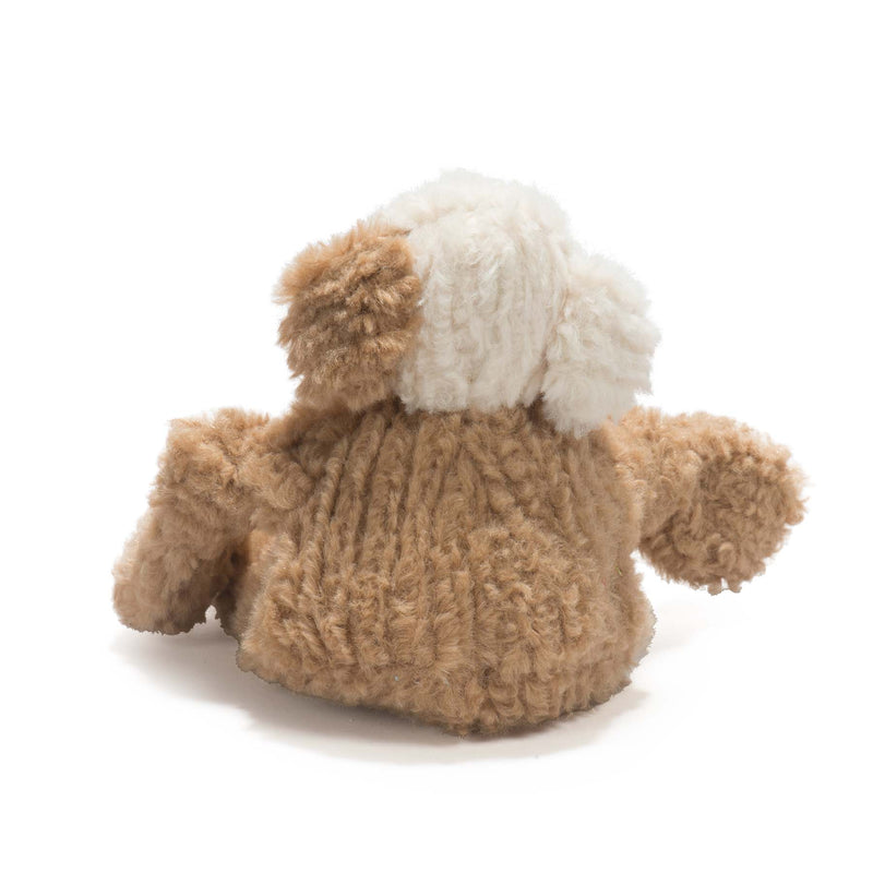 Bck view of Lulu HuggleMutt Knottie- tan fuzzy dog with white face and one white ear.