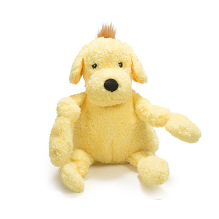 Dog shaped plush dog toy: has golden yellow fur, brown hair, brown eyes, white pupils, black nose, and has knotted limbs.