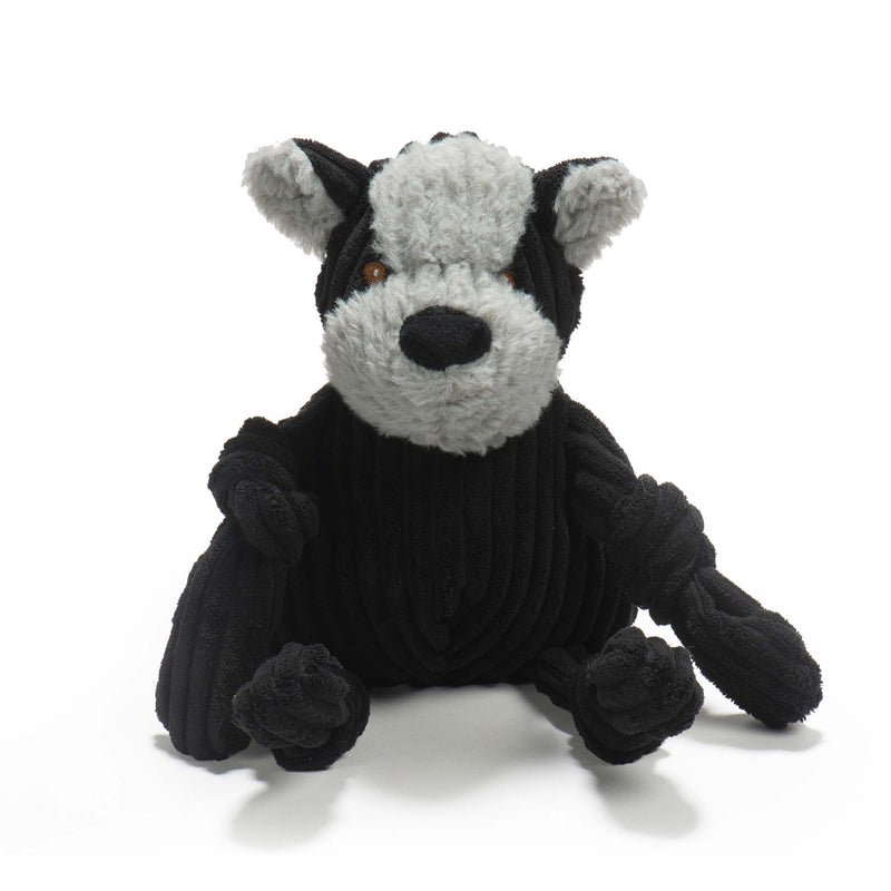 Bruiser HuggleMutt Knottie. Black dog with grey face and ears. Brown eyes and black nose.