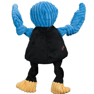 Back of U.S. Air Force Academy Gry Falcon mascot durable plush corduroy dog toy with blue head and blue knotted wings, yellow feet, and black knotted legs wearing black shirt.