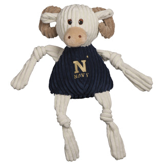 U.S. Naval Academy Bill the Goat mascot durable plush corduroy dog toy with white arms, legs, and head, tan horns, brown eyes, and wearing a navy blue shirt with Navy logo on front. Size large.