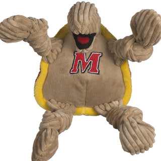 University of Maryland Testudo the Terrapin mascot plush dog toy with tan corduroy knotted limbs, tan corduroy head, tan belly with university logo on chest, black mouth open with red tongue, yellow inner shell, and red outer shell. Size small.