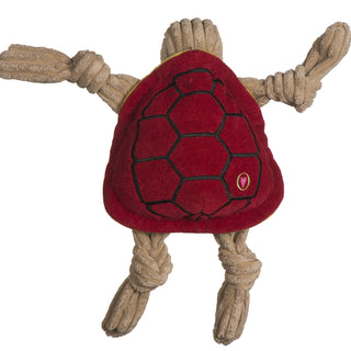 Back view of Testudo mascot with tan corduroy head and knotted limbs and red shell with embroidered black shell details.