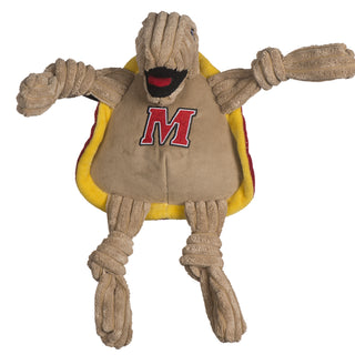 University of Maryland Testudo the Terrapin mascot plush dog toy with tan corduroy knotted limbs, tan corduroy head, tan belly with university logo on chest, black mouth open with red tongue, yellow inner shell, and red outer shell. Size large.