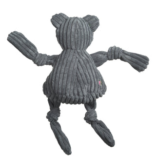 Back of Stanford University Tree bear mascot durable plush dog toy with gray corduroy body, knotted limbs, and squeakers.