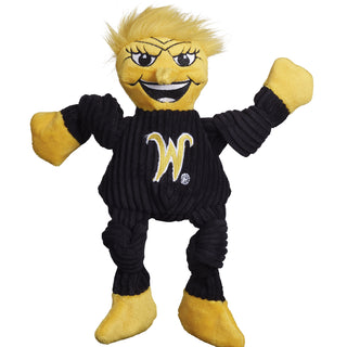 Wichita State University WuShock mascot durable plush corduroy dog toy with black body and gold hands, feet, and head. Wichita State logo located on front of body. Size small.