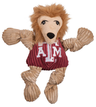 Texas A&M University Reveille tan collie durable plush corduroy dog toy with knotted limbs, furry mane around long face, black nose, and wearing maroon shirt with University logo on front chest. Size small.