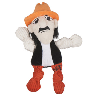 Oklahoma State University Pistol Pete plush dog toy: has orange cowboy hat, black hair, light-beige skin, black vest, white sweatshirt, orange pants with university logo in black, and knotted limbs.