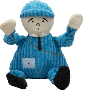 Mail carrier plush dog toy with blue hat, black eyebrows, eyes, nose, and mouth, with blue uniform, blue knotted arms and legs, black sneakers, and is squeaky. Size large.