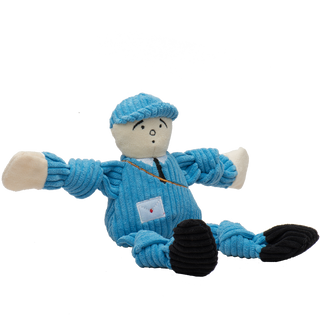 Mail carrier plush corduroy dog toy with blue hat, black eyebrows, eyes, nose, and mouth, with blue uniform, blue knotted arms and legs, black sneakers, and is squeaky. Size small.