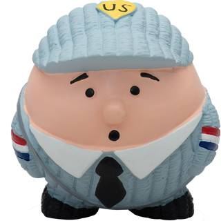 Mail carrier squeaky latex ball dog toy with light-blue hat, black eyebrows, black eyes, black mouth, light beige skin tone, light-blue uniform, black tie, red, white and blue stripes on each sleeve, and black shoes.