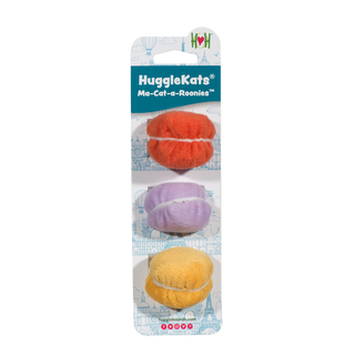 Set of three, catnip stuffed, macaroon shaped, cat toys with bells inside on header card: orange, lavender, and yellow, the "filling" of each macaroon is white.
