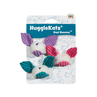 Set of three "dust bunny" cat toys with catnip in purple, pink, and teal blue on header card: white fuzzy pouf balls with big colored corduroy ears, matching colored corduroy belly, matching colored embroidered nose, and black, knotted string tail.