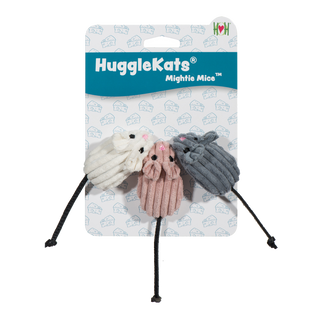 Set of three, catnip stuffed, mice shaped, corduroy cat toys on header card: white, light-pink, and gray with black embroidered eyes, pink embroidered nose, and a black knotted tail.
