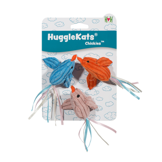 Set of three catnip stuffed chick shaped cat toys on header card: there are blue, orange, and light-pink chicks with orange beaks, black eyes, and a pink, blue, and white colored ribboned tail.