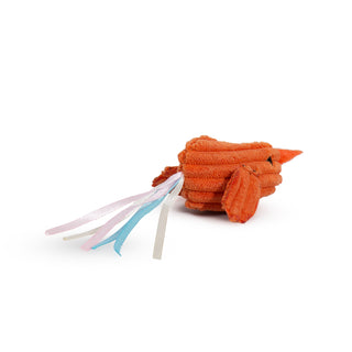 Back view of orange chick shaped, catnip stuffed, cat toy with orange beak, black eye, and a pink, blue, and white ribboned tail.