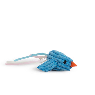 Blue chick shaped catnip stuffed cat toy with orange beak, black eye, and a pink, blue, and white ribboned tail.