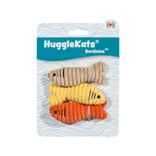 Set of three catnip stuffed, sardine shaped corduroy cat toys in yellow, orange, and tan, with black embroidered eyes and black gills on header card.
