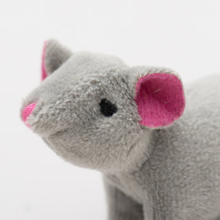 Close up of gray mouse to show details in ears and embroidered eyes.