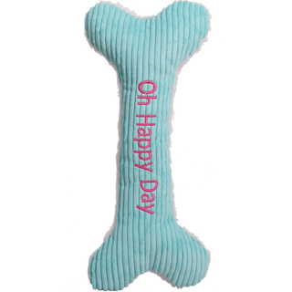 Light blue durable plush corduroy plush dog toy bone with "Oh Happy Day" embroidered in pink.