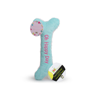 Light blue durable plush corduroy plush dog toy bone with "Oh Happy Day" embroidered in pink with "To/Love" tag and product tag.
