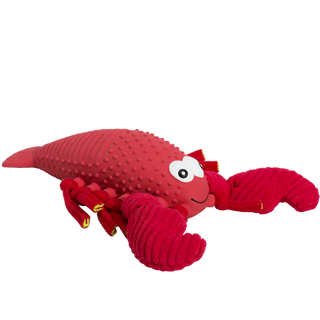 Lobster shaped squeaky dog toy made of a combination of latex body with plush knotted limbs: red body, legs and claws.