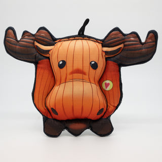 Moose plush dog toy: has orange fur, black eyes, black nose, brown antlers, and feet.