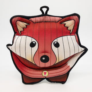 Fox plush dog toy: has red and white fur, white inner-ear, white cheeks and outer-eye, black eyes, and a black nose.