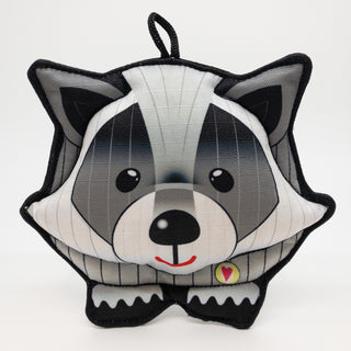 Raccoon plush dog toy: has black, gray, and white fur, black eyes, black nose, and red lips.